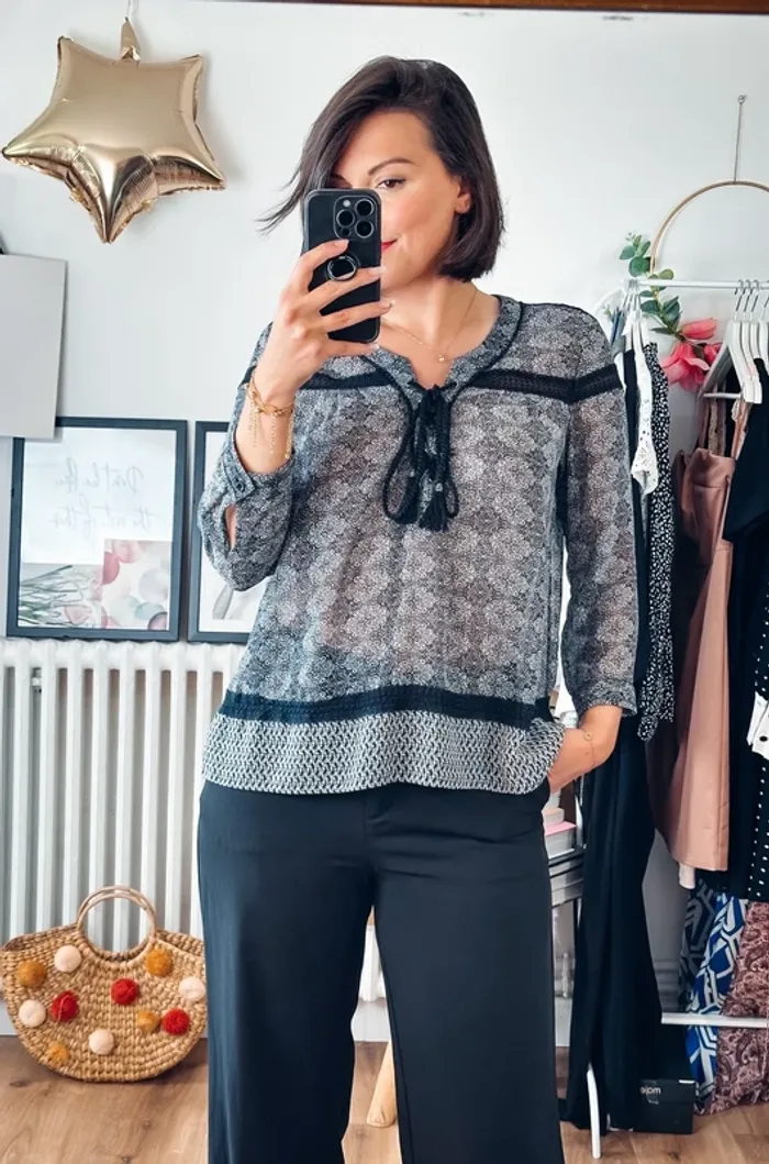 Blouse The Kooples femme noire et blanche imprimée fluide dentelle T38 (M) - photo numéro 2