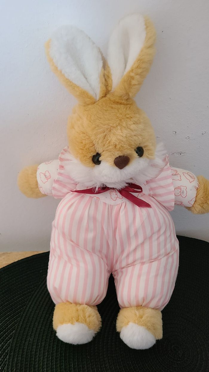 Peluche vintage lapin TEX rayures rose blanc combinaison en tissu