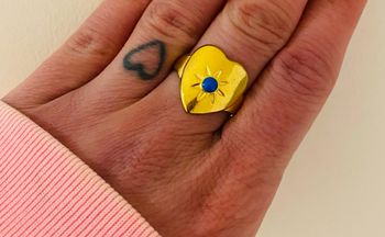Bague épaisse doré ajustable cœur soleil bleu acier inoxydable