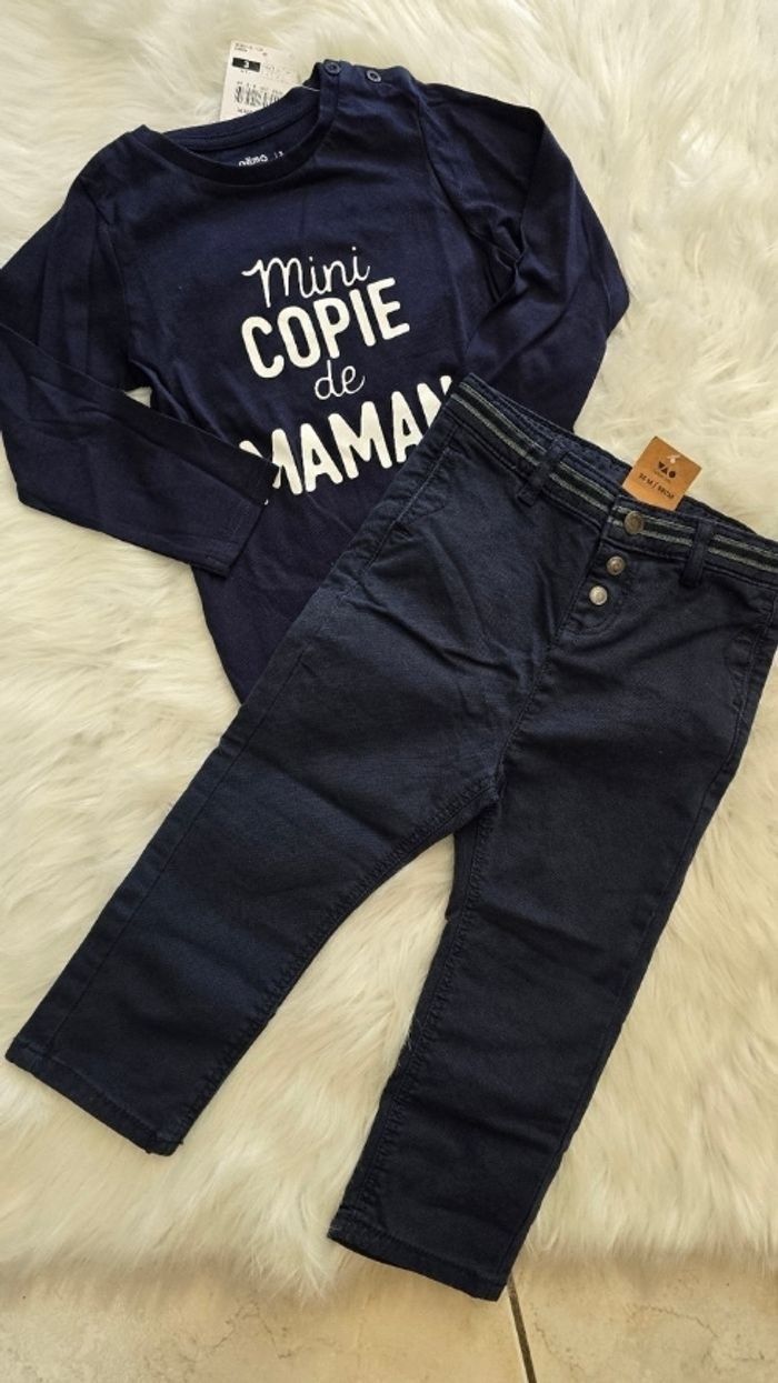 NEUFS(NON PORTÉS)🏷🏷🥰😍💙 superbe ensemble teeshirt ml et pantalon chino 3 ans garçon 💙😍🤩👌 - photo numéro 2