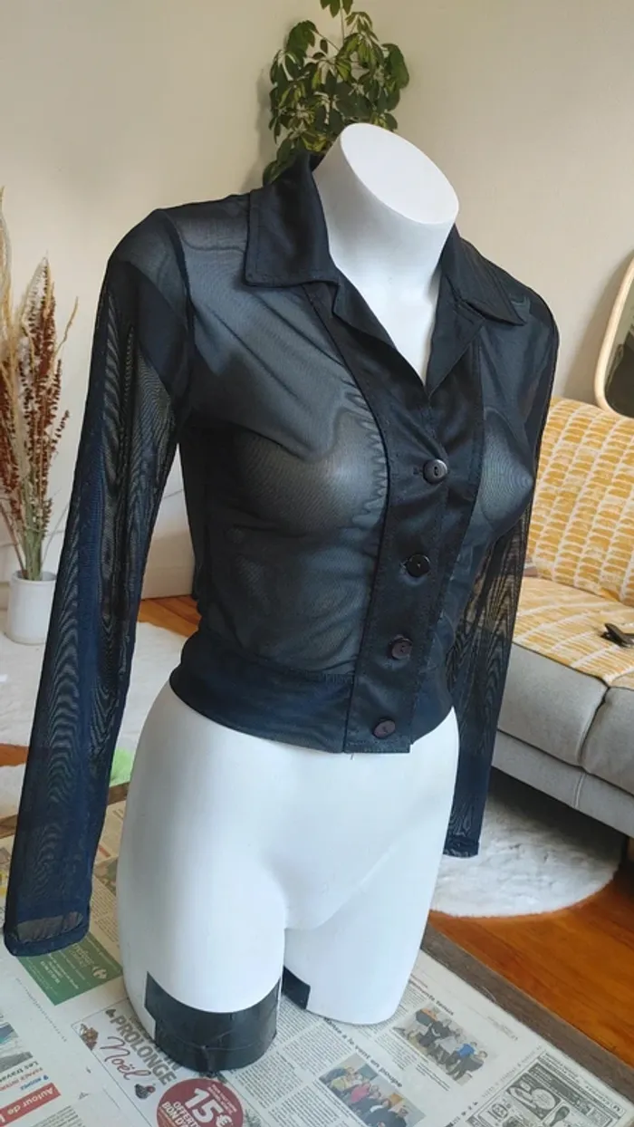 Chemise blouse courte en mesh vintage noir manche longue