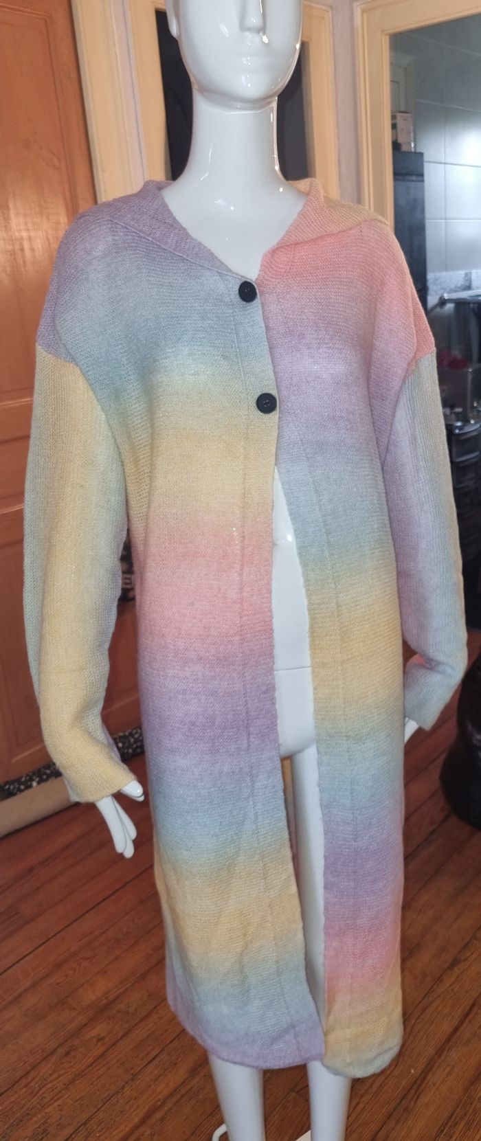 Gilet très long à capuche multicolore pastel 2XL neuf