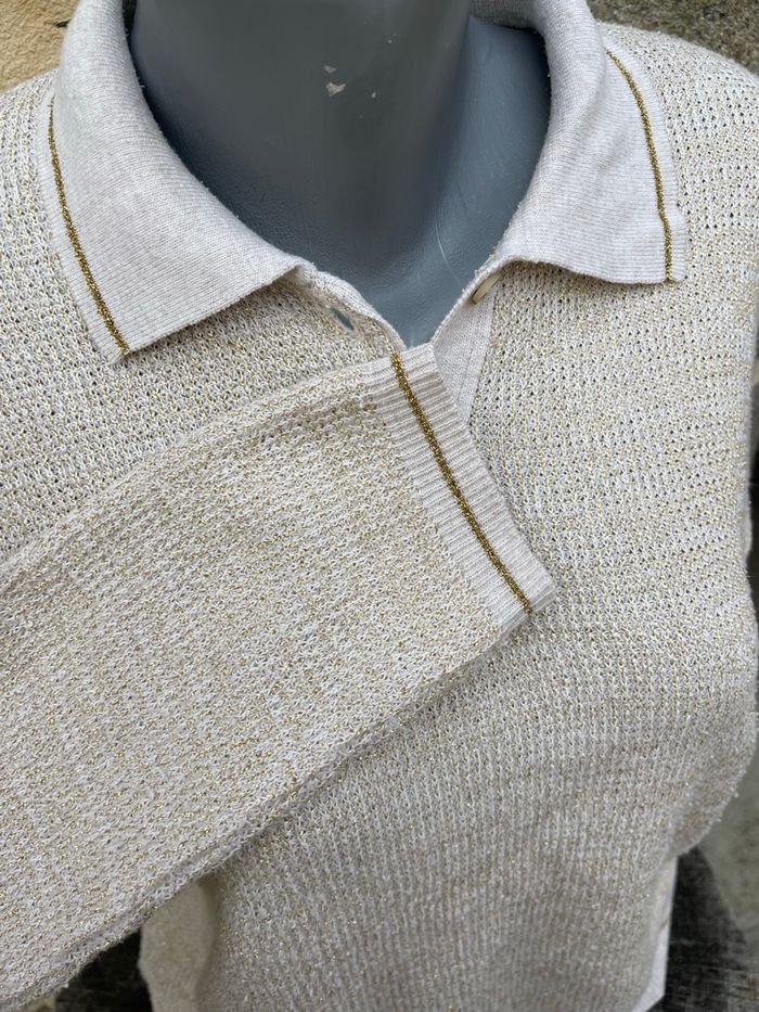 Pull style polo en maille beige et doré - Monoprix - photo numéro 3