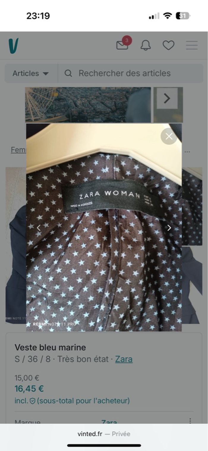 Veste zara bleu marine taille s - photo numéro 2