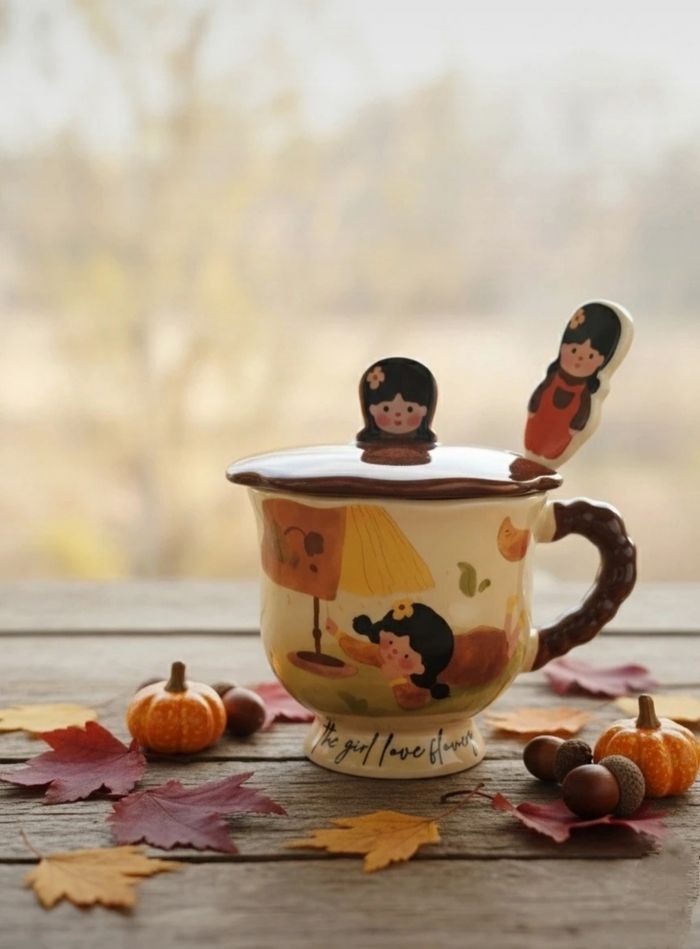 Tasse céramique avec couvercle et cuillère - photo numéro 3