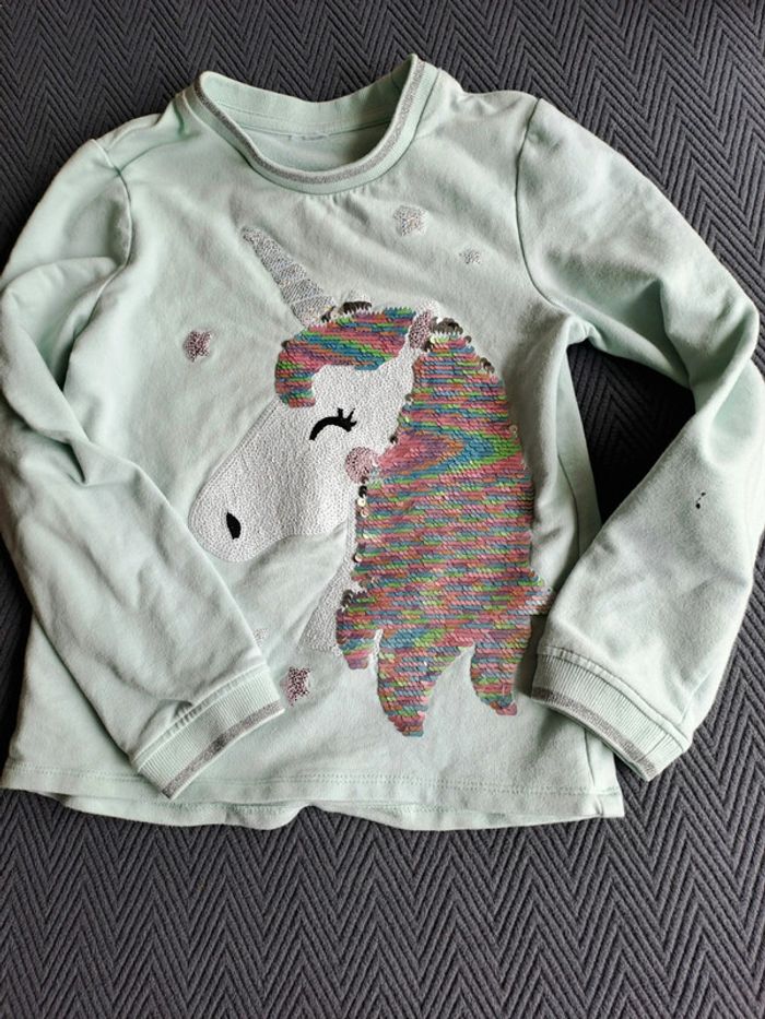 Sweat vert eau 10 ans Licorne à sequins