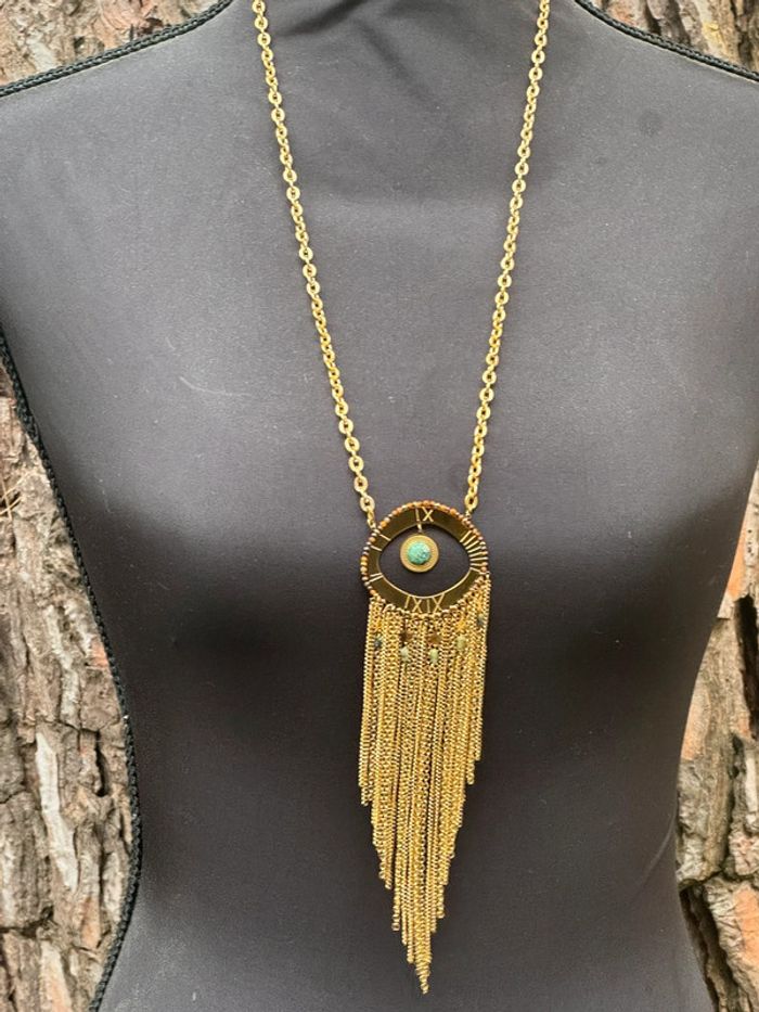 Sautoir habaha Paris acier inoxydable  chaîne  réglable chaises pierres pyrite amazonite dorés