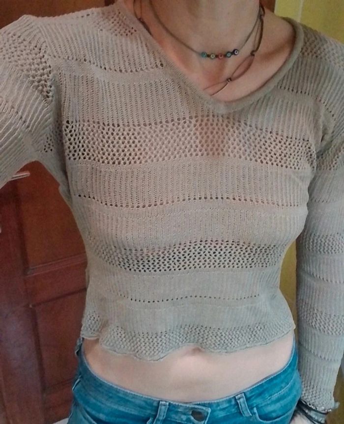 Pull femme brun ajouré croq top