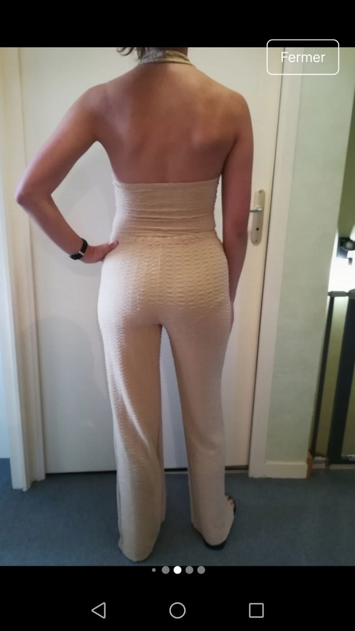 Ensemble moulant, pantalon et  tee-shirt dos nu, couleur abricot, neuf avec emballage, taille XS - photo numéro 7
