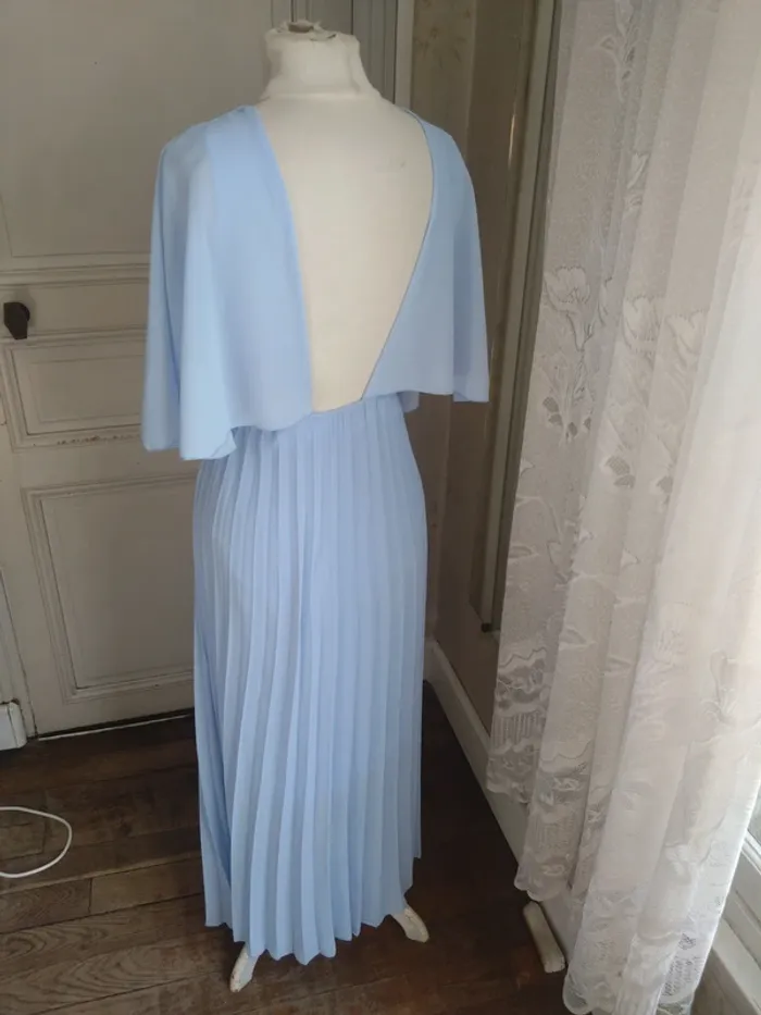 Robe mi longue Gisella t 36 38 bleu ciel, dos nu, plissée chic, mariage/cocktail - photo numéro 6