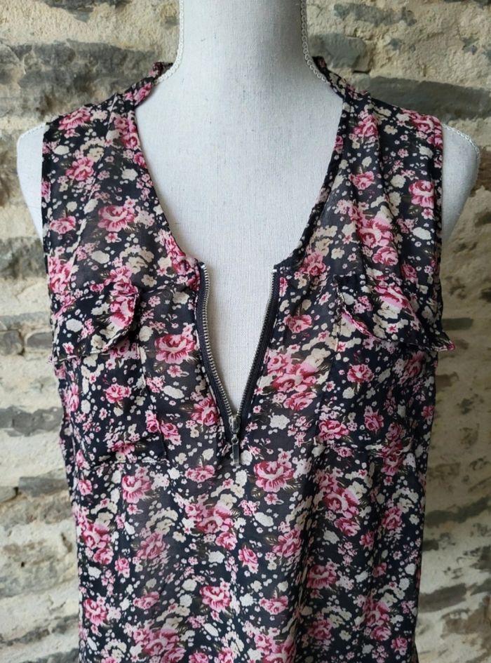 Débardeur style blouse fleurie noire et roses Mim Taille 40 - photo numéro 3