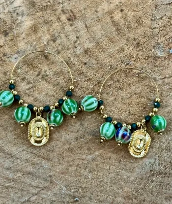 Boucles d’oreilles créoles fermées perles porcelaine chapeau acier inoxydable or