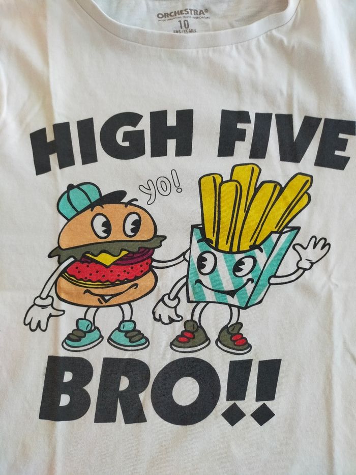 Tee-shirt blanc garçon 10ans imprimé burger 🍔 et  frites 😘 marque Orchestra - photo numéro 2