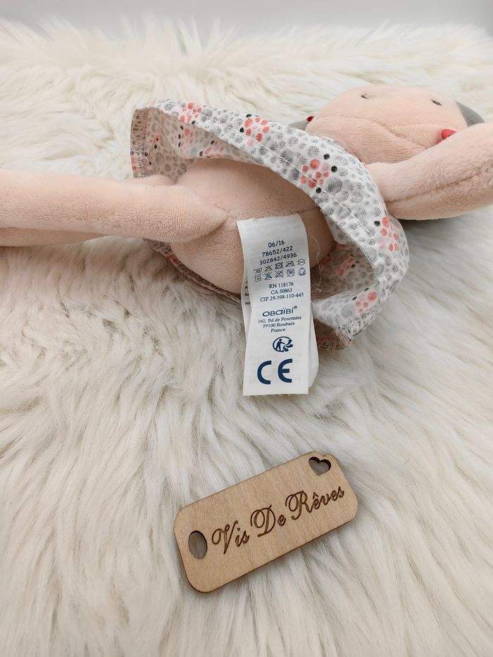 Doudou Poupée tissus chiffon beige gris blanc rose rouge Obaibi - photo numéro 5
