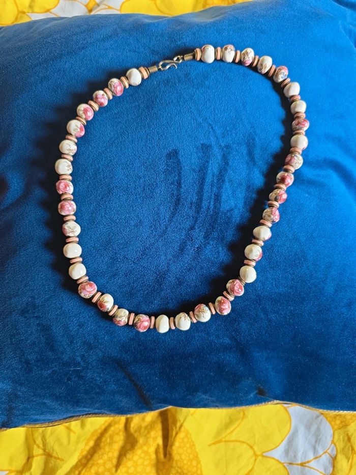 Collier de perles en céramique roses et blanches vintage - photo numéro 12