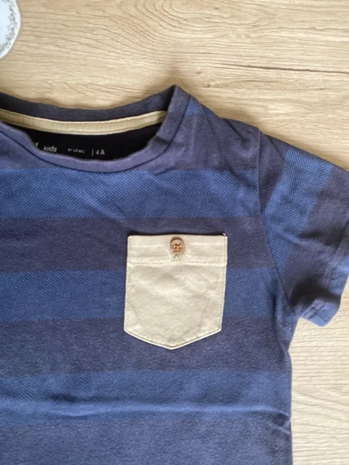 Tee-shirt manche courte rayé bleu poche crème garçon 4 ans Gémo - photo numéro 2