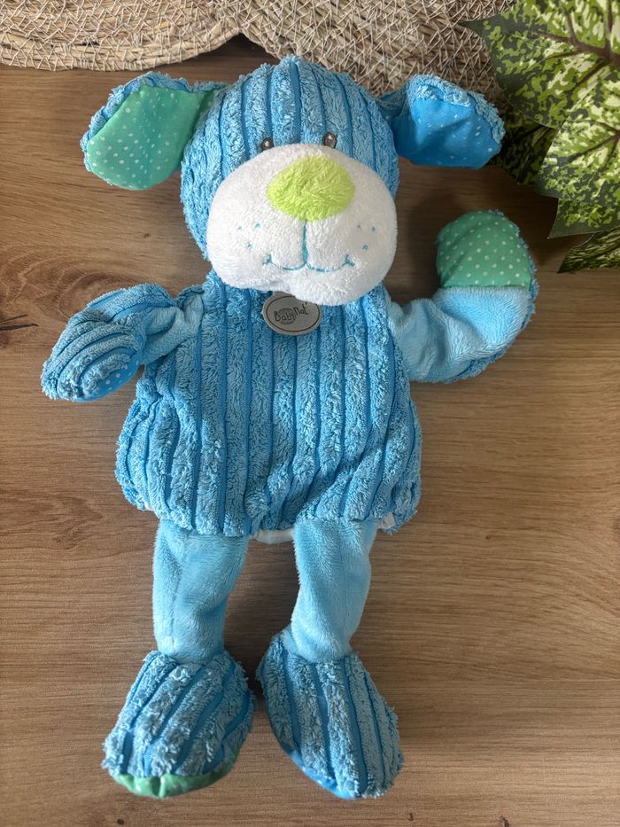 Doudou marionnette chien bleu velours vert baby nat