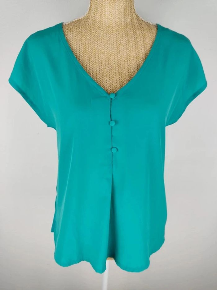 Blouse manches courtes turquoise col boutonné taille S Camaïeu neuve