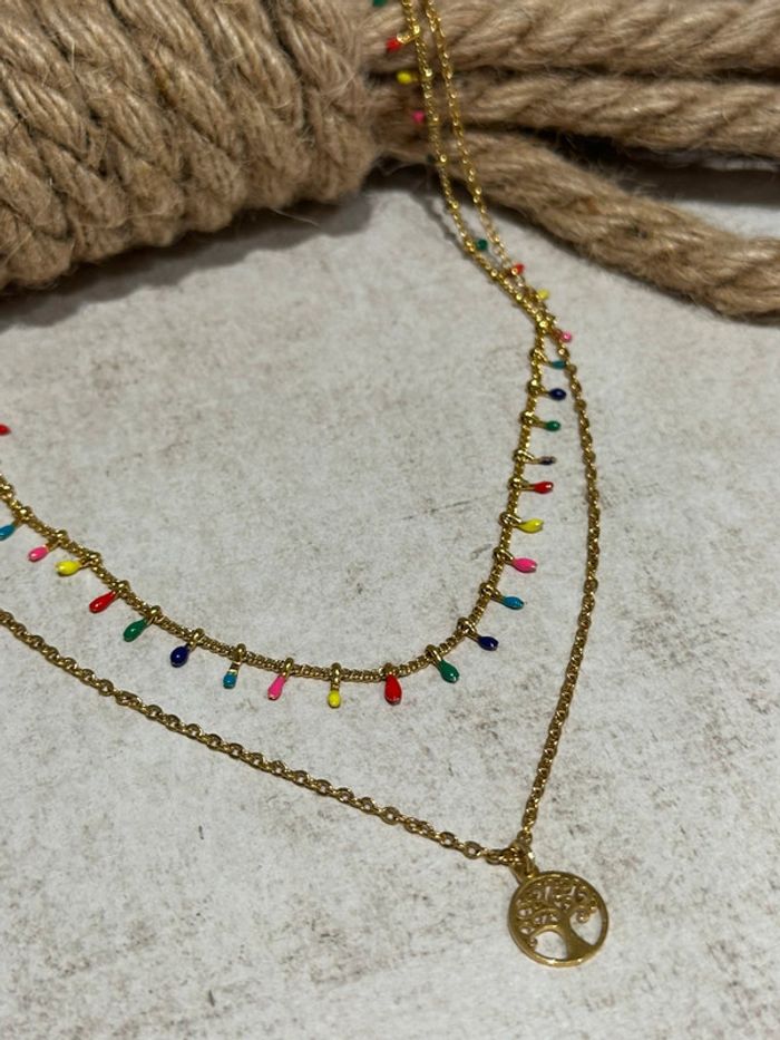 Collier plusieurs rangs en acier or et perles émail - photo numéro 4