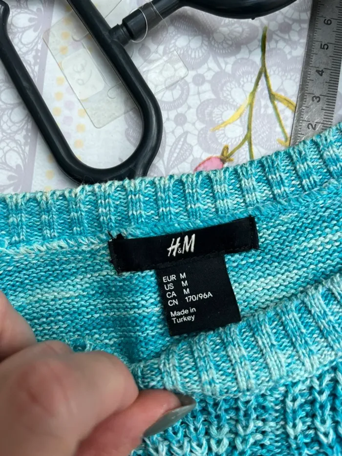 H&M - Pull mi saison mailles fines bleu clair turquoise pastel - photo numéro 3