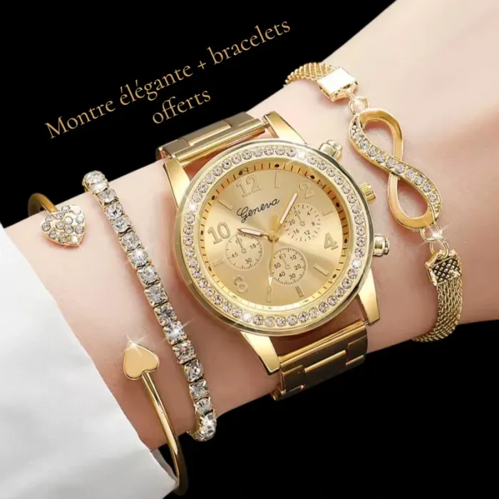 Montre élégante , dorée, marque Geneva + 3 bracelets offerts