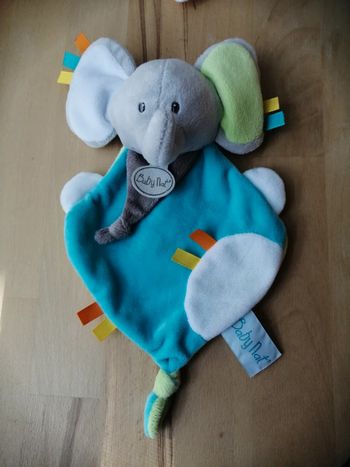 Doudou plat éléphant babynat les copains gris bleu vert 26 cm