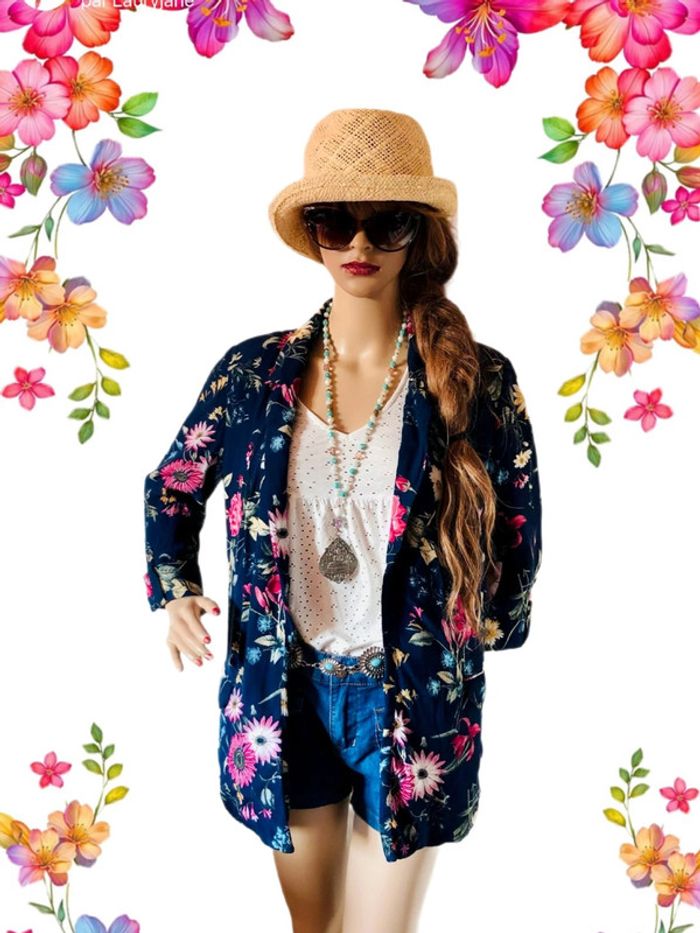 💙Joli blazer bohème marine fleuri multicolore🌸navy multicolored floral boho blazer💙 - photo numéro 6