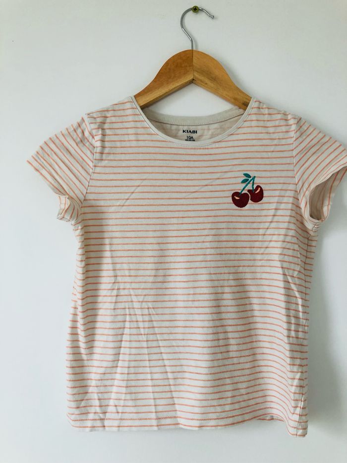 Tee shirt marinière 10 ans fille cerise orange blanc - photo numéro 3