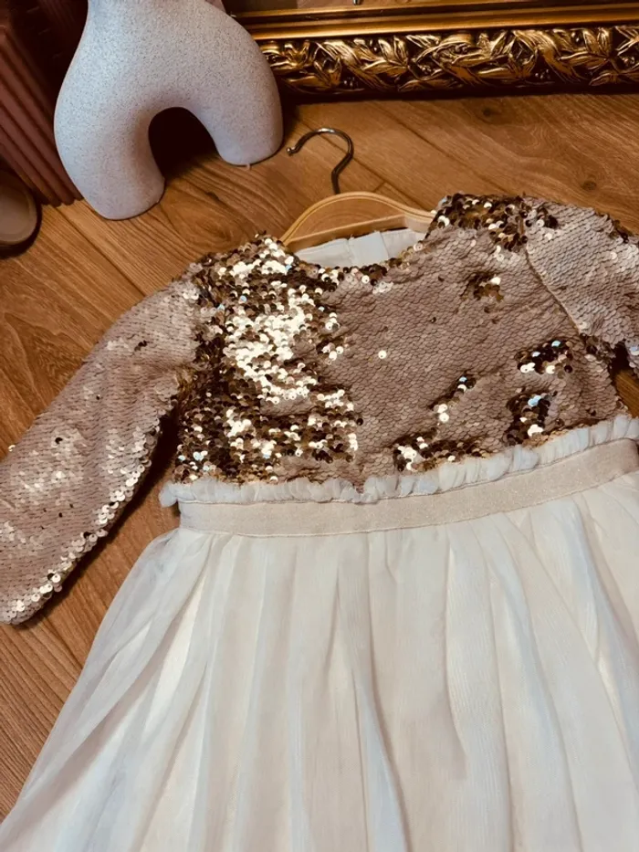 Taille 3-4 ans robe longue créateur fille TAO blanche doré * sequins réversibles tulle * 💞 - photo numéro 3