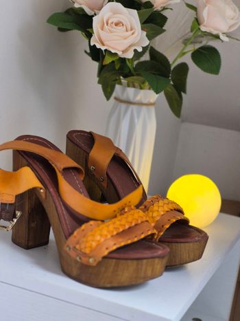 Sandales Plateformes Style Sabots - Cuir Camel & Bois - Look Boho Vintage

