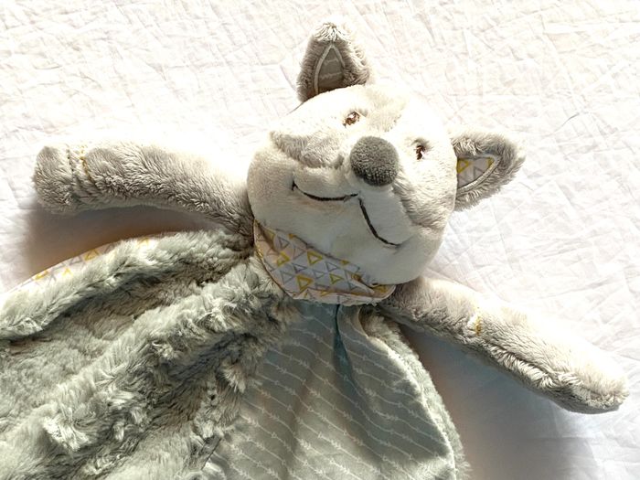Renard Gris Doudou Robe Verte Partie Fourrure Partie Lignes Verticales Peluche Petits Enfants Bébés - photo numéro 2