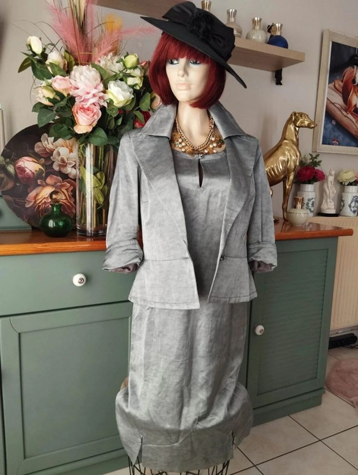 🌹 Ensemble Veste & Robe Gris Irisé Lin Antonelle T38/40🌹 - photo numéro 6