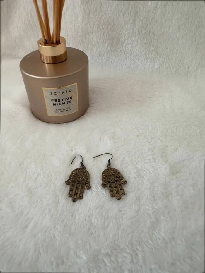Boucles d’oreilles pendantes main Hamsa vintage bronze boho