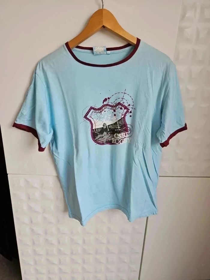 Tee shirt bleu et bordeaux / grenat taille l