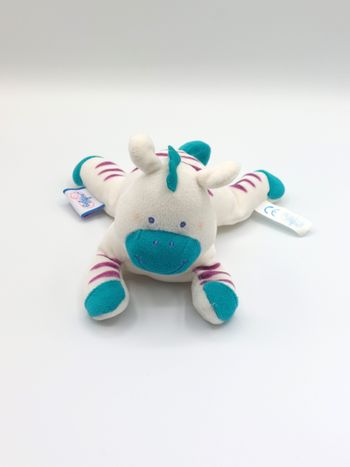 Petite peluche doudou zèbre blanc bleu mauve BEBE CONFORT grelot HS 18 cm aimant
