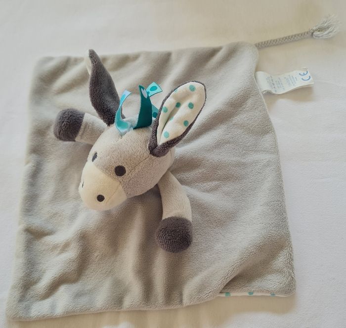 Doudou carré plat âne/cheval gris et pois vert - Obaibi