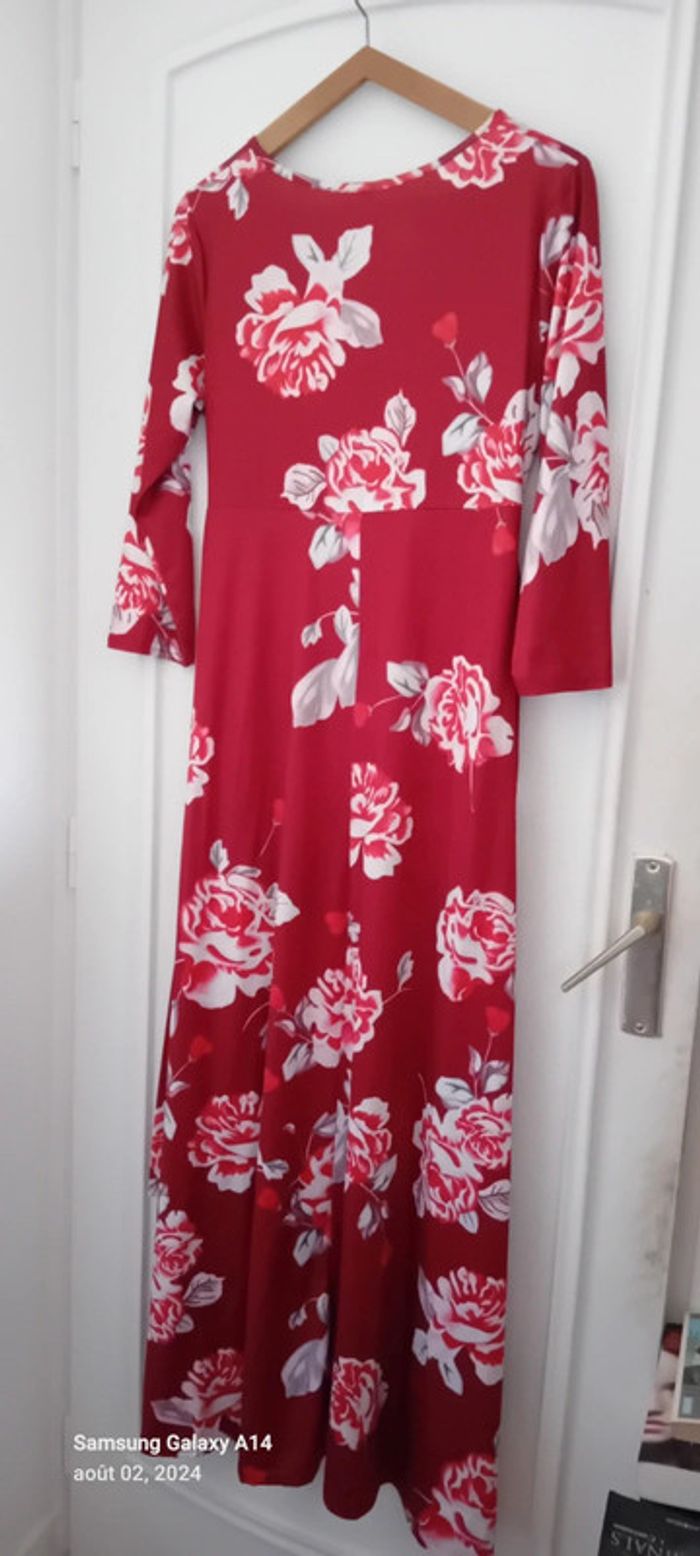 Robe très longue viscose motif roses bordeaux femme L - photo numéro 4