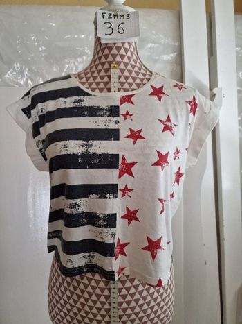 Tee-shirt, crop top, motifs USA, en coton, en très très bon état,longueur 44cm,marque Jennyfer =4€