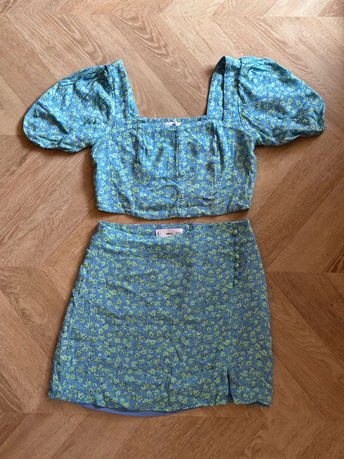 Joli duo Mango – Top court & jupe fleurie bleu/vert – taille XS/S