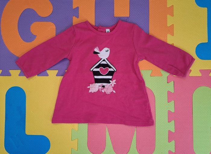 T-shirt manches longues fushia oiseau, taille 6 mois (68 cm)