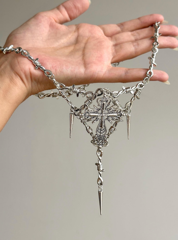 Cross Pendant Statement Necklace Punk Gothic Silver