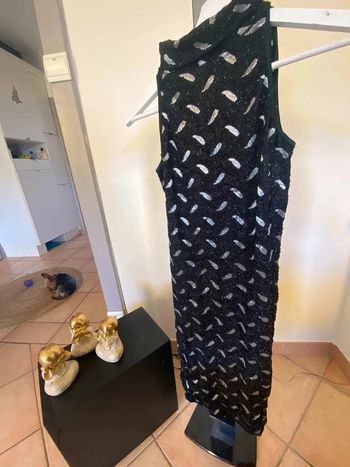 Robe d’hiver à paillettes col roulé moulante sans manches motifs plumes L