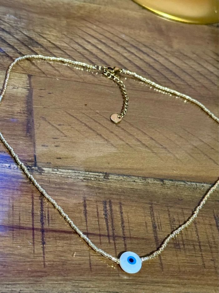 Collier réglable perles dorées œil bleu finition s acier inoxydable or - photo numéro 3