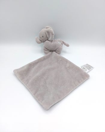 Doudou plat éléphant gris MOTS D’ENFANTS mouchoir point argent étoile argentée peluche leclerc