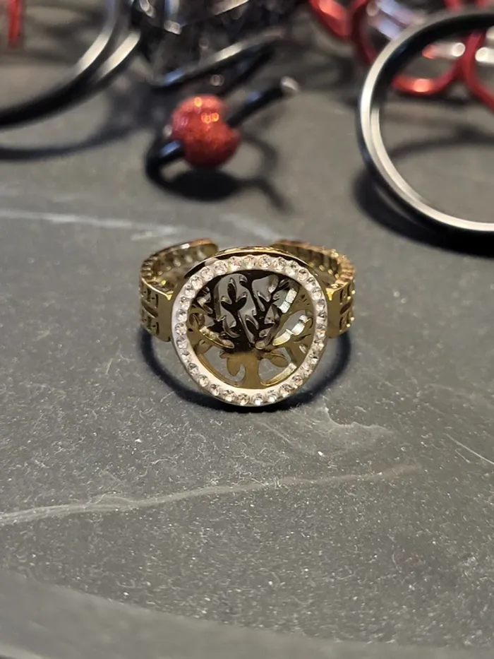 Bague ajustable acier inoxydable Arbre de vie Dorée et strass - photo numéro 2