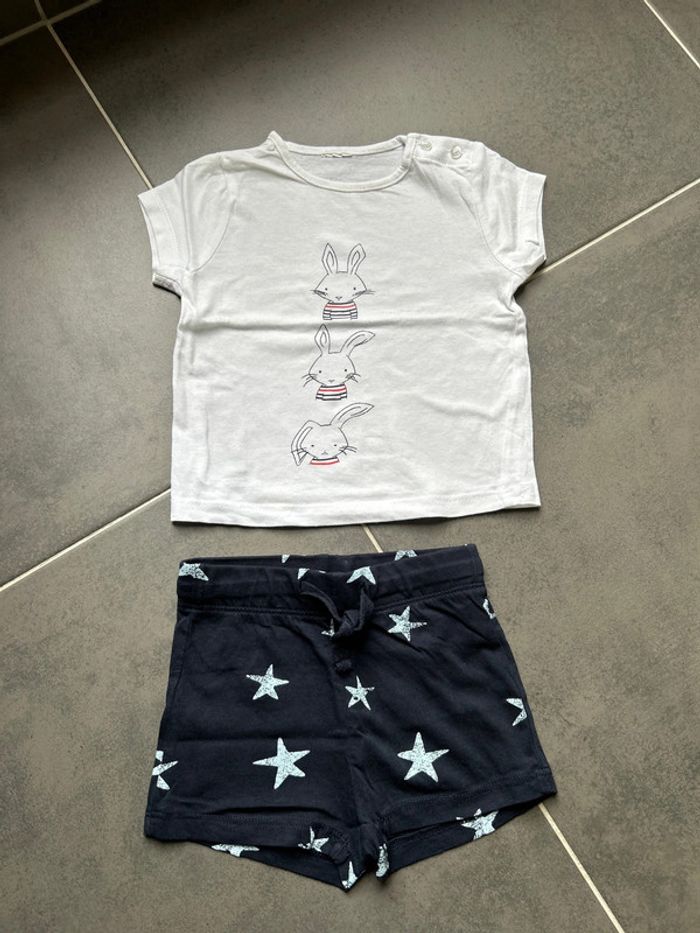 Ensemble lot t-shirt manches courtes lapin et short motif étoiles léger neuf Kiabi bébé garçon