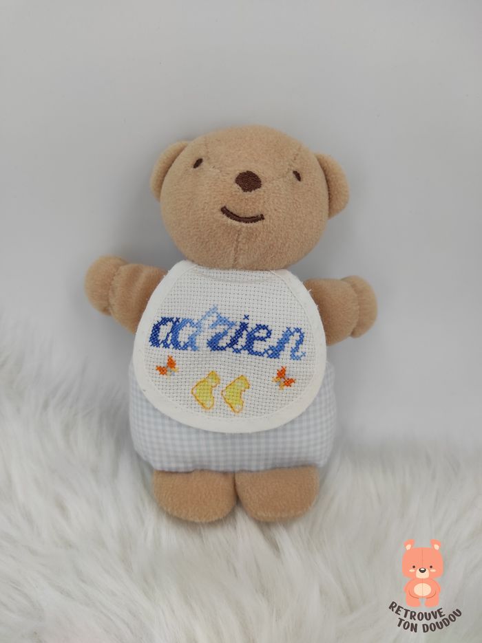 Doudou Ours beige Carreaux Vichy Bleu Blanc DMC