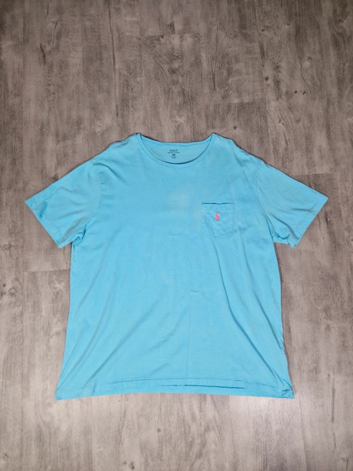 T shirt Ralph Lauren Bleu Ciel Logo Brodé Rose Taille 2XL Homme - photo numéro 2