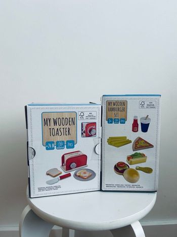 Lot de jouets en bois neuf ! Grille pain et set à hamburger 