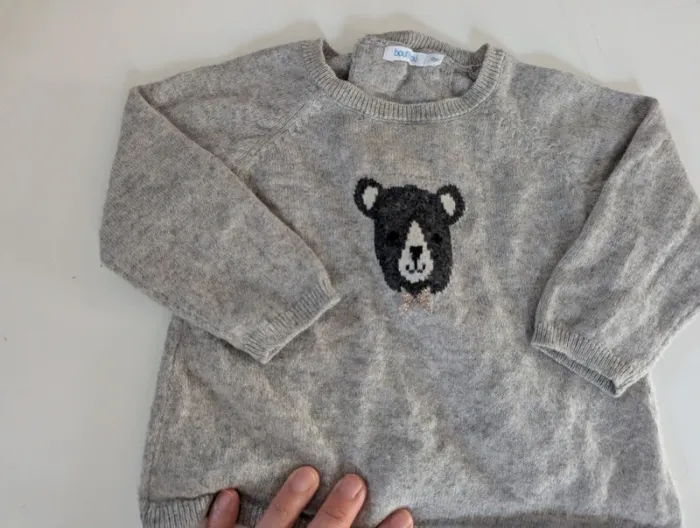 Pull cachemire coton gris chiné Bout'chou mixte 12 mois 74 cm ourson